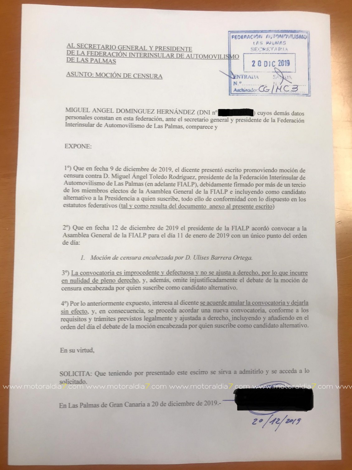 Miguel Ángel Domínguez pide la nulidad de la Asamblea