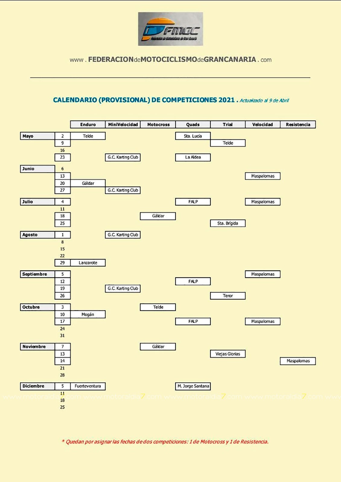 Calendario de la FMGC con 29 pruebas